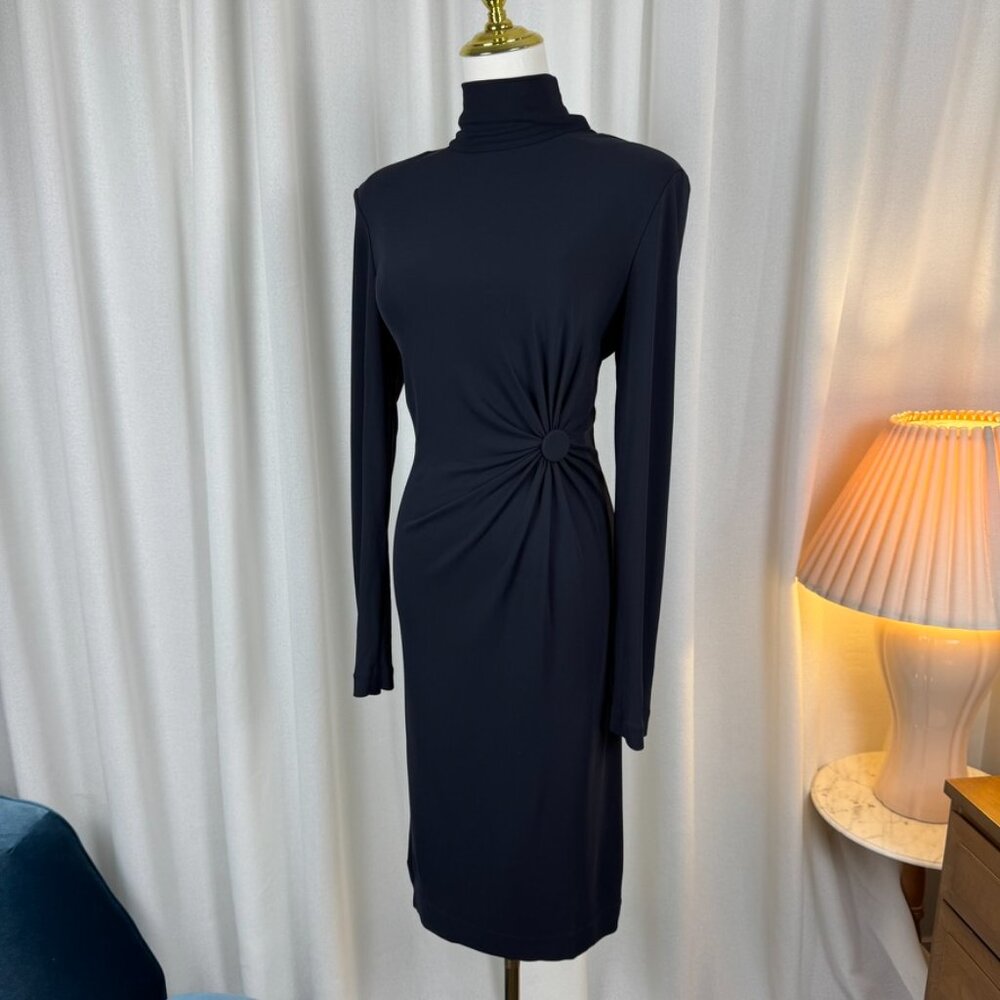VTG Mock Neck Gathered Waist Exposed Riri Zipper Midi Dress